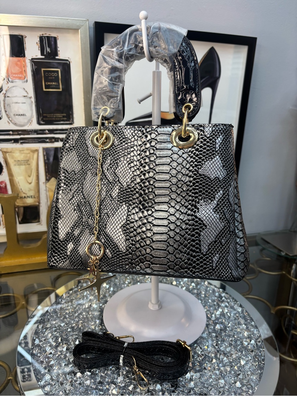 Structured Snake-Embossed Satchel in Black with Gold Hardware